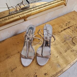 Badgley Mischka Silver and Tan Heeled Sandals